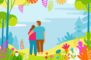Aufkleber - Vector illustration in flat linear style - spring illustration - landscape with happy man and woman