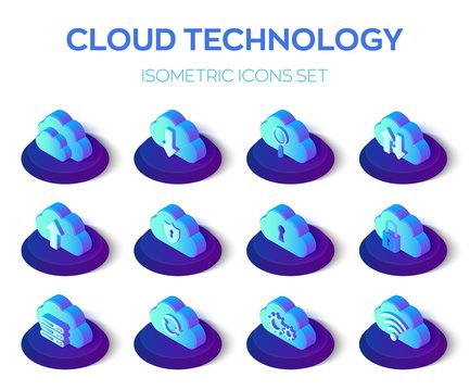 Cloud Icons Set. Cloud Technology. 3D Isometric Icons Set. Cloud Storage. Created For Mobile, Web, Decor, Application. Perfect for web design, banner and presentation. Vector illustration.