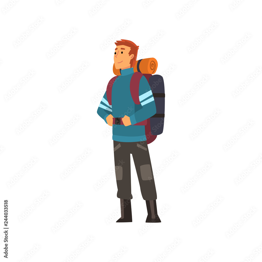 Man with backpack, hiking adventure travel, backpacking trip or expedition vector Illustration - obrazy, fototapety, plakaty 