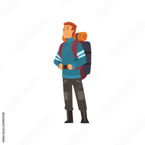 Cuadros en Lienzo Man with backpack, hiking adventure travel, backpacking trip or expedition vecto