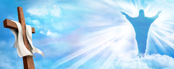 Wall Mural - Web banner Resurrection. Christian cross with risen Jesus Christ and clouds sky background. Life after death