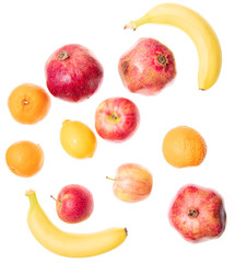 Sticker - Ripe bananas and apple other fruits on white background