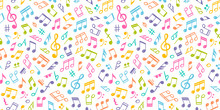 White Musical Seamless Texture With Colorful Notes.