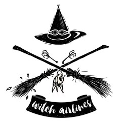 Witch hat with gogles and two crossed broomsticks. Logo emblem or t-shirt print