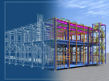 Building Information Model Of Metal Structure. 3D BIM Model. The Building Is Of Steel Columns, Beams, Connections, Etc. 3D Rendering. Engineering, Industrial, Construction BIM Background.