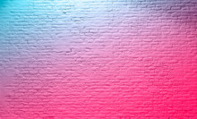 Brick Wall Neon Pink Blue Rustic Texture. Retro Used Vintage Structure. Grungy Shabby Neon Background. Design Element. Abstract Light With Space For Text