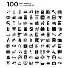 100 Pack Of Building, Parking, Meal, Bathtub, Air Conditioner, Television, Reception, Room Key, Restaurant Icons, Universal Icons Set