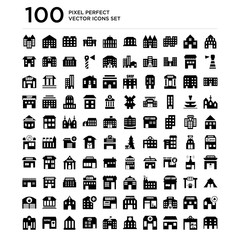 100 pack of Embassy, Pharmacy, Cafe, Clinic, Station, School, Post office, Bank, Clothes, Police icons, universal icons set