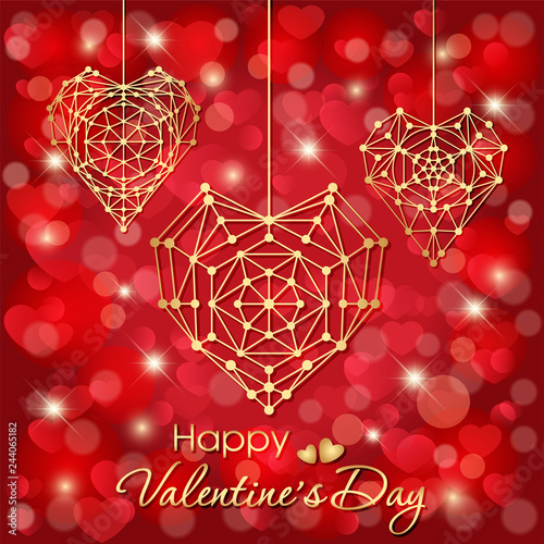 Red background with hearts and shiny stars. Openwork golden hearts. Happy Val...
