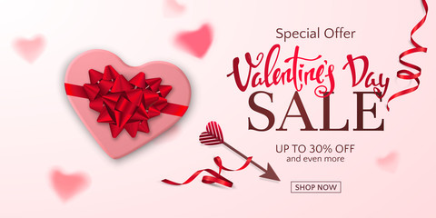 Wall Mural - Vector horizontal sale banner for Valentine’s Day with red bow, ribbons, 3d arrow, realistic box in shape of heart. Holiday romantic pink background for design of promotion flyers with discount offers