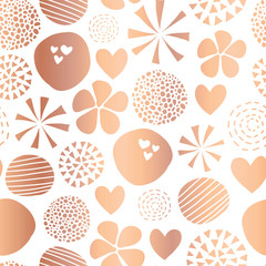 Wall Mural - Copper foil abstract seamless vector pattern with flowers, dots, hearts on white background. Cute rose gold metallic foil feminine design for girl, women, digital paper, celebration, packaging, decor.