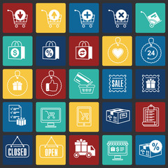 Fototapete - Online shopping icons set on color squares background for graphic and web design, Modern simple vector sign. Internet concept. Trendy symbol for website design web button or mobile app