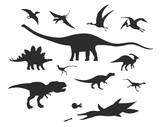 Fototapeta Dinusie - Set of silhouettes of different dinosaurs, land, underwater, flying