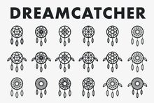Dreamcatcher Indian Ethnic Feather Ornament. Vector Flat Line Stroke Icon Set Collection. Dream Catcher Magic Symbol. 