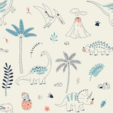 Childish seamless pattern with hand drawn dino in scandinavian style. Creative vector kid-like background for fabric, textile, apparel and more