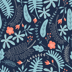 Hand drawn seamless pattern with tropical leaves and flowers. Perfect for kids fabric, textile, nursery wallpaper.