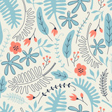 Hand drawn seamless pattern with tropical leaves and flowers. Perfect for kids fabric, textile, nursery wallpaper.