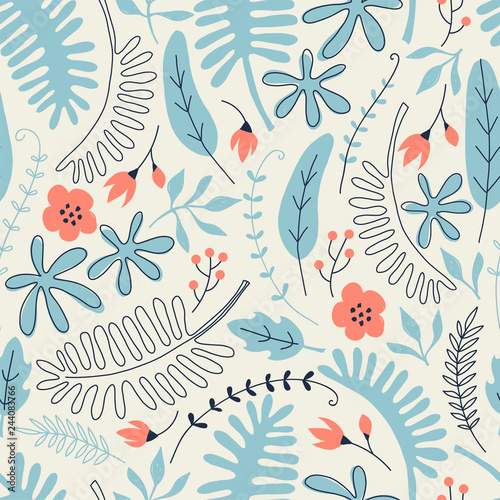 hand-drawn-seamless-pattern-with-tropical-leaves-and-flowers-perfect-for-kids-fabric-textile-nursery-wallpaper