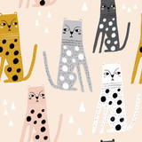 Seamless childish pattern with funny leopards. Creative scandinavian kids texture for fabric, wrapping, textile, wallpaper, apparel. Vector illustration