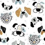 Childish seamless pattern with funny creative dog faces. Trendy scandinavian vector background. Perfect for kids apparel,fabric, textile, nursery decoration,wrapping paper