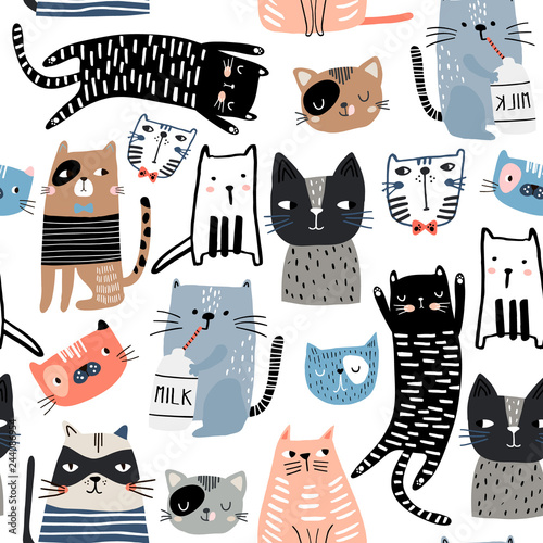 Cotton fabric Seamless pattern with cute Kittens in diferent style. Creative childish texture. Great for fabric, textile Vector Illustration