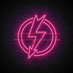 Wall Mural - shining and glowing red lightning neon sign in circle isolated on brick wall background. bright neon