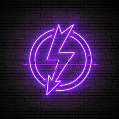 Wall Mural - shining and glowing purple lightning neon sign in circle isolated on brick wall background. bright n