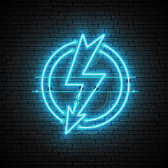 Wall Mural - shining and glowing blue lightning neon sign in circle isolated on brick wall background. bright neo