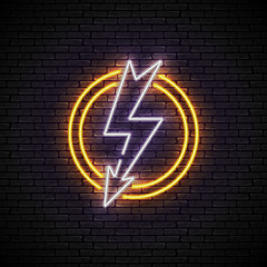 Wall Mural - shining and glowing white lightning neon sign in yellow circle isolated on brick wall background. br
