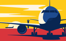 On A Taxiway. Flat Style Vector Illustration Of The Airliner At 