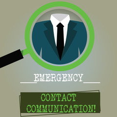 Conceptual hand writing showing Emergency Contact Communication. Business photo text Notification system or plans during crisis Magnifying Glass Enlarging a Tuxedo and Label Tag Below