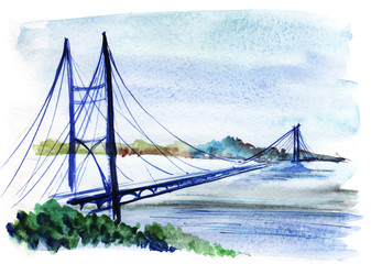 Bridge over the river. Watercolor sketch. Hand-drawn illustration