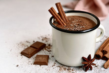 Homemade Hot Chocolate In A White Enamel Mug.