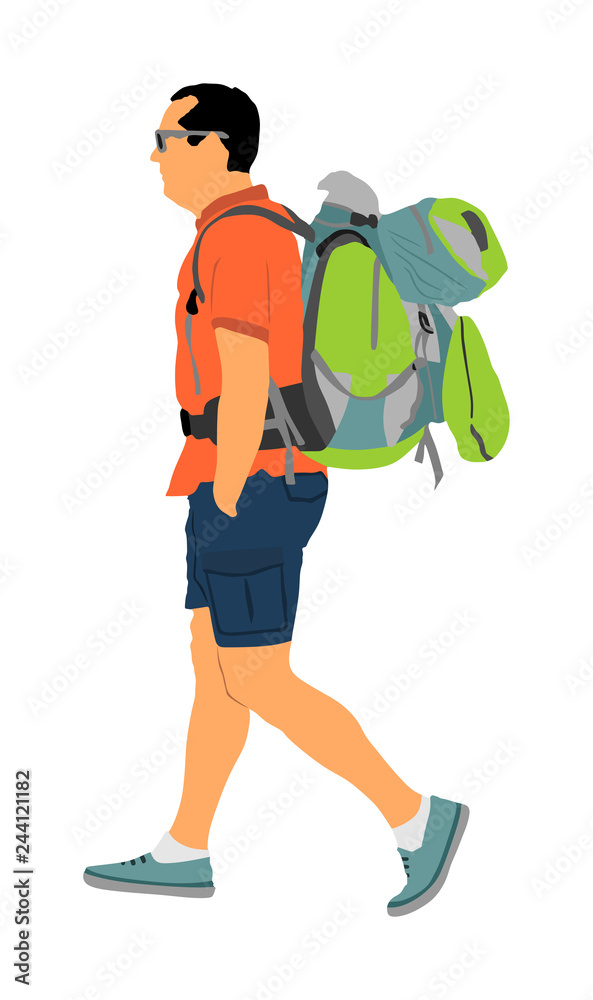 Passenger man with backpack walking to airport vector illustration ...