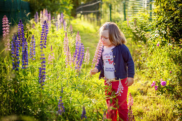 Happy cute little girl standing on meadow with wild flowers in park or garden green background. Happiness. Healthy preschool children summer activity. Kids playing outdoors