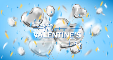 Happy Valentines Day sky blue card with metallic heart shape balloons