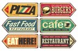Retro signs collection.  Vintage sign posts set for cafe, pizza, burger and fast food restaurant. Food and drink vectors poster on old textured background.