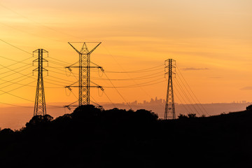 Wall Mural - Silhoutte of Los Angeles skyline seen through power lines during a golden sunset.