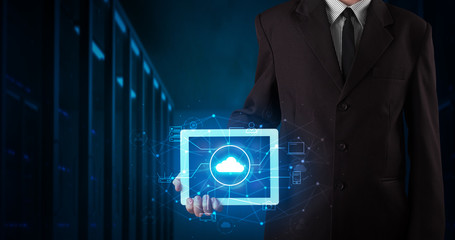 Poster - Formal hand in server room with virtual workspace concept
