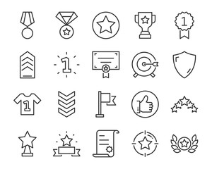 set of award line icons, such as star, champion, prize, acheivement, winner, trophy, glory, certificate