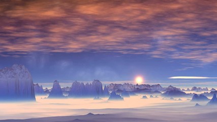 Wall Mural - Pink Clouds at Sunset. Bright sun colors high clouds in pink. Dark blue cliffs and hills covered with dense white fog. On the blue sky the stars and nebulae.