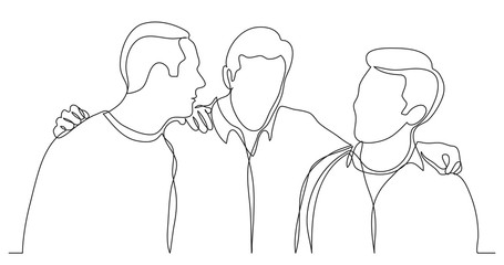 Wall Mural - company of men friends hugging and talking - one line drawing