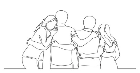 Wall Mural - youth company of happy friends standing together - one line drawing