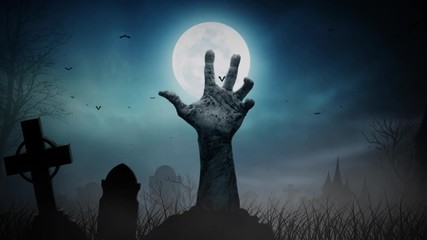 Wall Mural - haunted graveyard zombie hand out of ground 4k loop features a hand protruding up from the ground wi