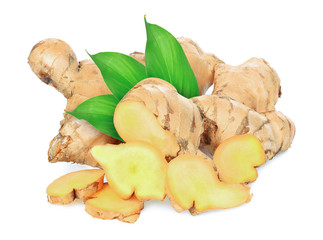 Wall Mural - ginger with leaves isolated on a white background