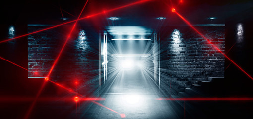 Dark room, a tunnel, a corridor with rays of light and a red laser beam of red color, smoke, smog, dust. Abstract dark blue background with light effect, neon.