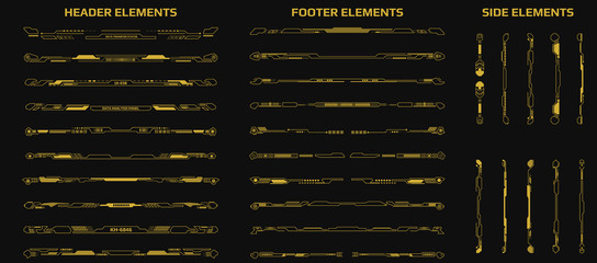 Wall Mural - HUD Futuristic Header Footer And Side Elements Set For UI Game Inforgraphic Frame Vector. Gold Abstract Future Cyber Gadget Bar Shape Display Design Illustration.