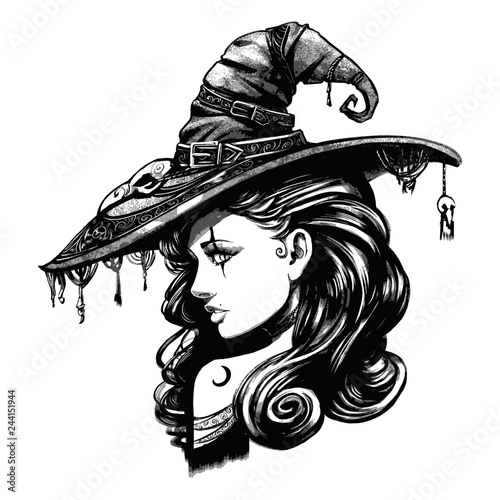 Charming witch in a big fancy hat Stock Vector | Adobe Stock