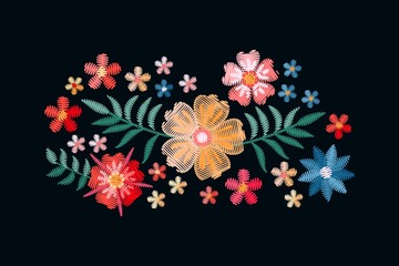 Wall Mural - Embroidery design with beautiful flowers and leaves. Colorful bouquet isolated on black background. Satin stitch in vector.