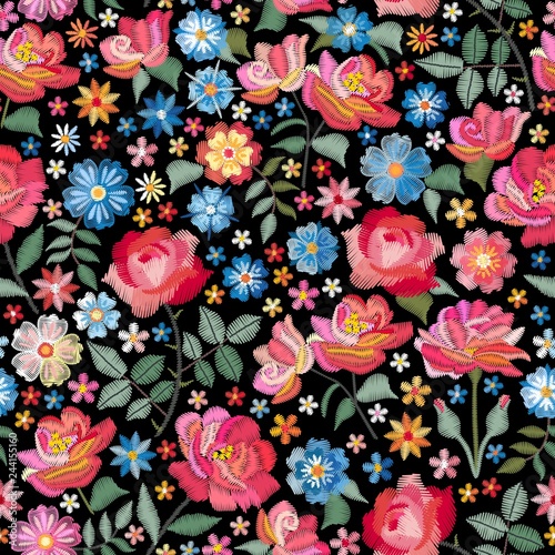 embroidery-seamless-pattern-with-beautiful-flowers-bright-floral-print-with-spanish-motives-fashion-design-with-satin-stitch-vector-embroidered-illustration